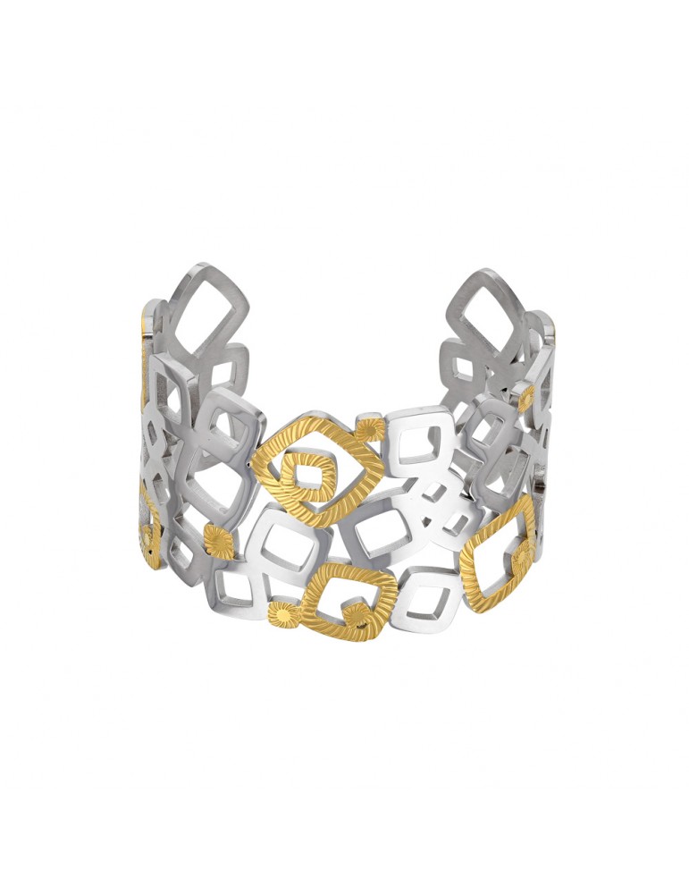 Bracelet manchette carrés en acier et doré strié