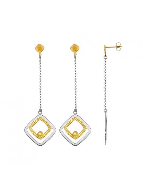 Boucles d'oreilles pendantes carrés emboîtés en acier et doré strié