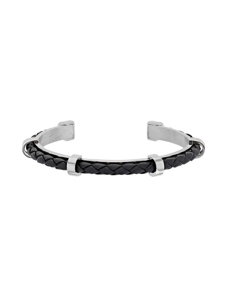 Open steel bracelet with a black synthetic drawstring
