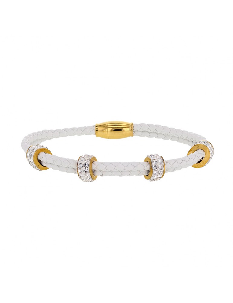 Bracelet cordon blanc et perles acier ornées de pierres synthétiques