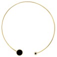 Yellow steel necklace, round black enamel, 1 decorated with crystals