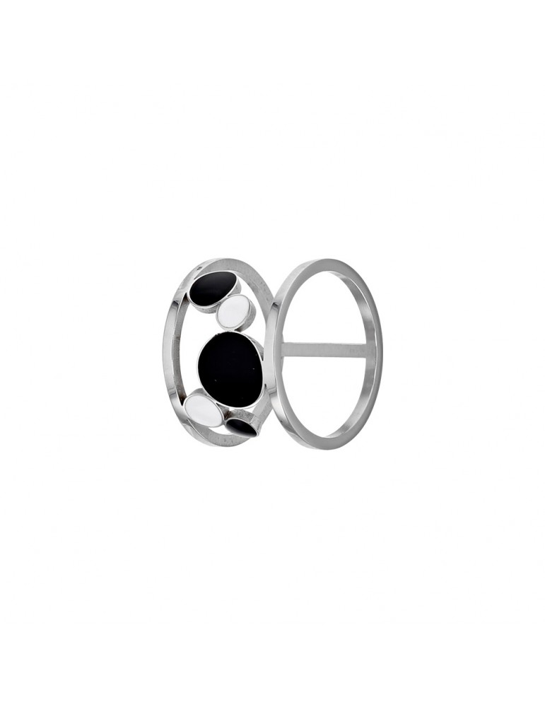 Steel ring with cascade of white and black enamelled rounds