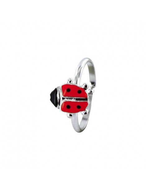 Red Ladybug adjustable ring in rhodium silver