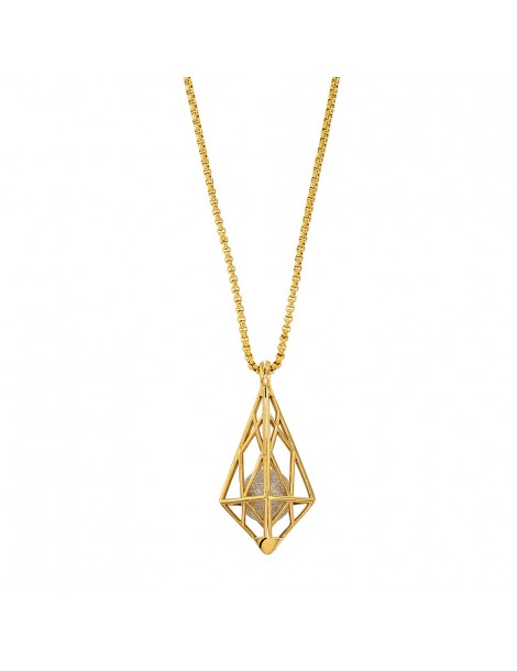 Gilded steel necklace, triangular cage with a creamy sequined bead