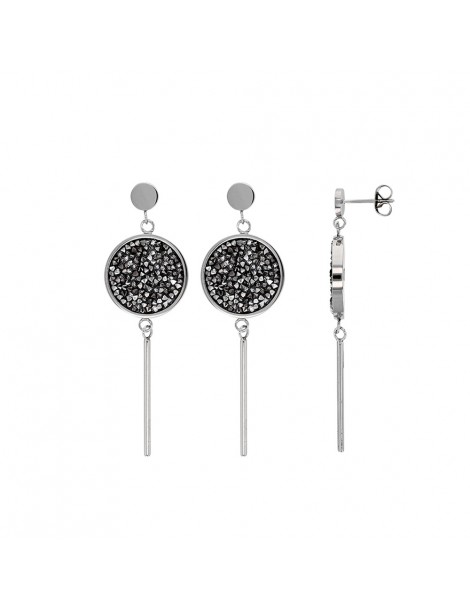 Boucles d'oreilles pendantes en acier, rond orné de cristaux gris