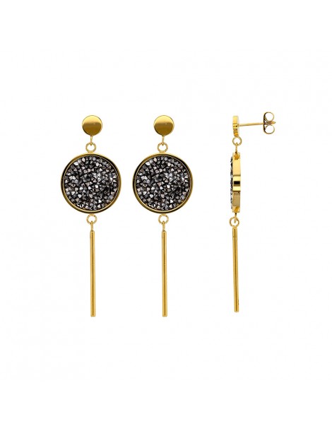 Yellow steel earrings with a round adorned with gray crystals