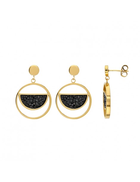 Yellow steel earrings, semicircle decorated with black crystals