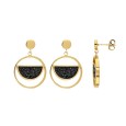 Yellow steel earrings, semicircle decorated with black crystals