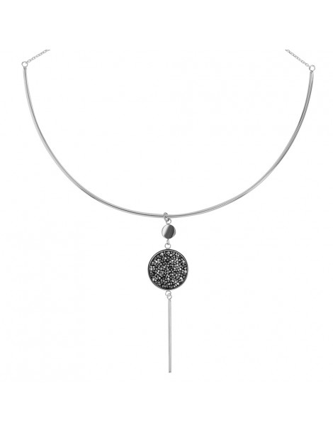 Rigid steel necklace with round pendant adorned with gray crystals
