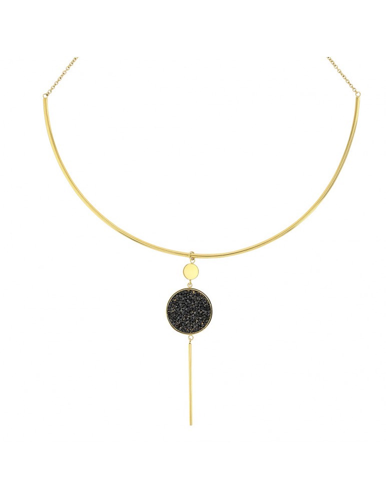 Yellow steel rigid necklace with round pendant adorned with black crystals
