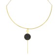 Yellow steel rigid necklace with round pendant adorned with black crystals