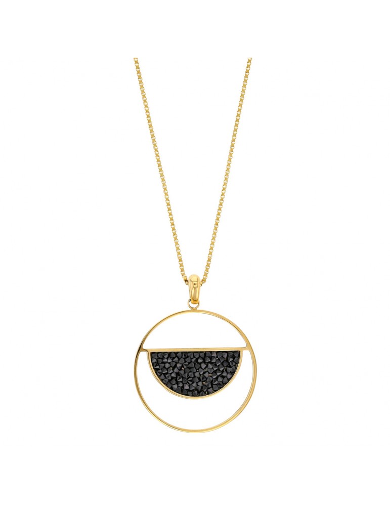 Collar redondo de acero dorado con un semicírculo adornado con cristales negros.