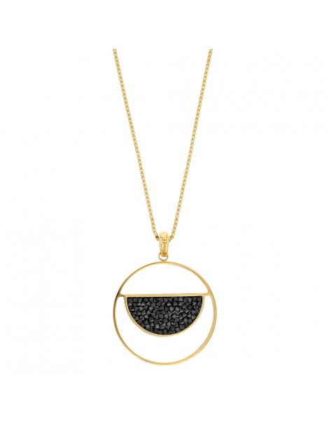 Collar redondo de acero dorado con un semicírculo adornado con cristales negros.