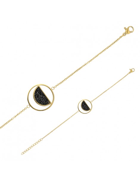 Bracelet en acier doré rond avec un demi-cercle orné de cristaux noirs