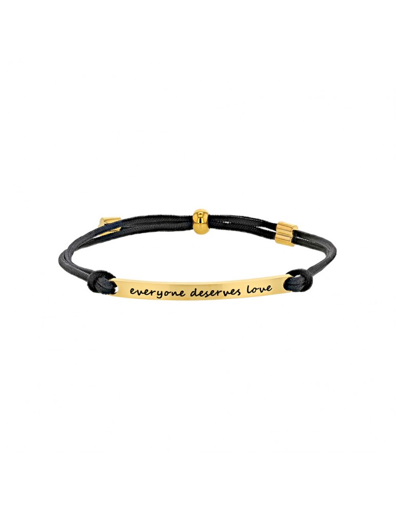 Armband "everyone deserves love" aus gelbem Stahl und schwarzer Kordel