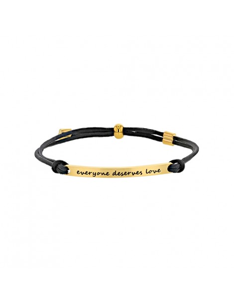 Armband "everyone deserves love" aus gelbem Stahl und schwarzer Kordel