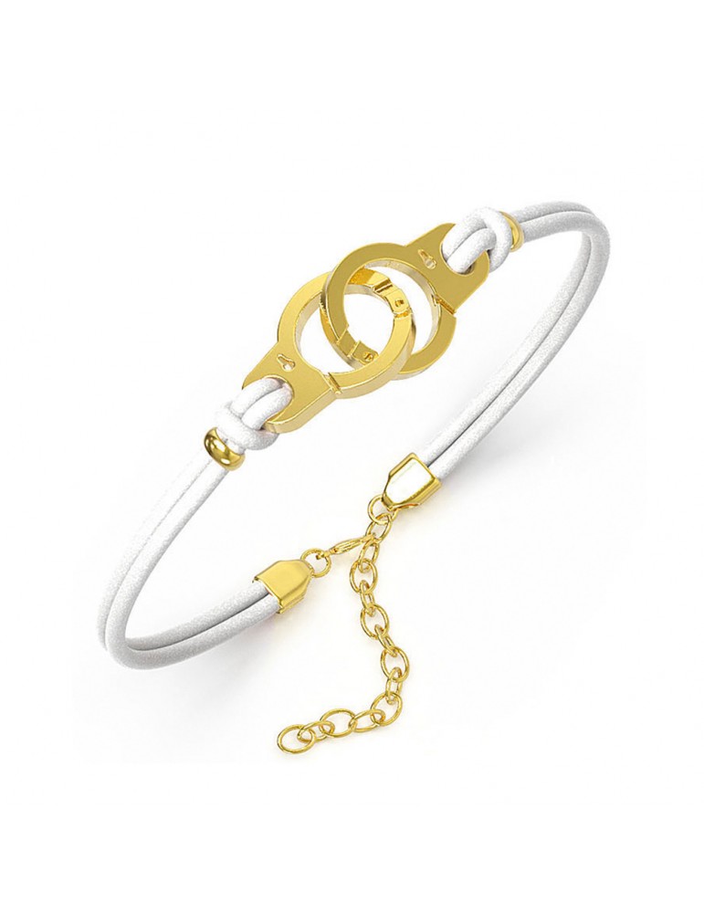 Bracelet steel handcuffs yellow and white cowhide