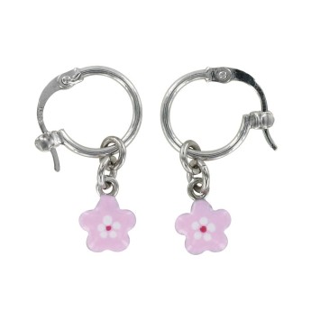 Earrings Creole form rhodium silver pendant with pink flower 313284 Suzette et Benjamin 34,00 €