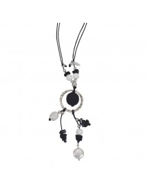Black and silver cord necklace with black agathe, white mother-of-pearl and pearls 3170470 îlOcéane 18,00 €