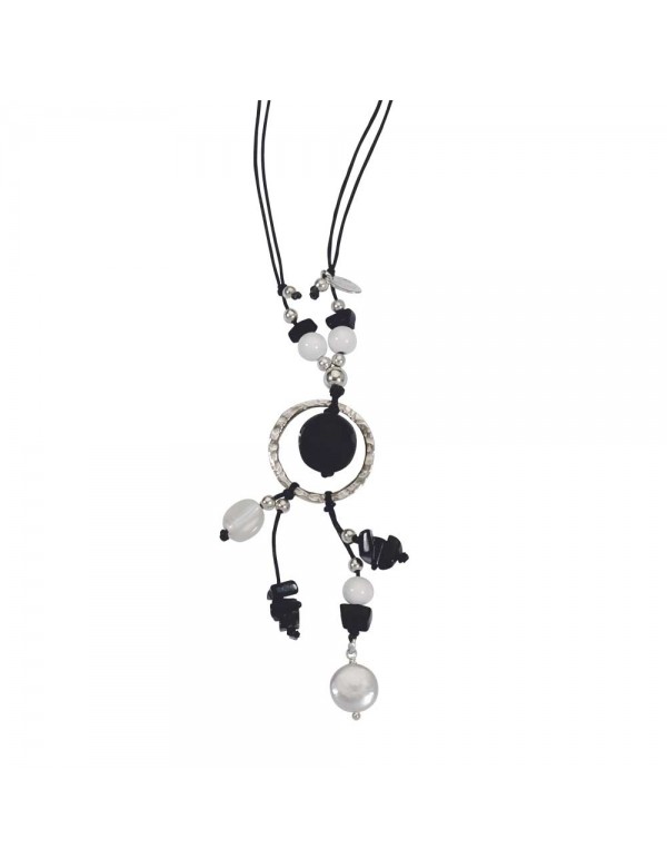 Black and silver cord necklace with black agathe, white mother-of-pearl and pearls