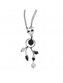 Black and silver cord necklace with black agathe, white mother-of-pearl and pearls