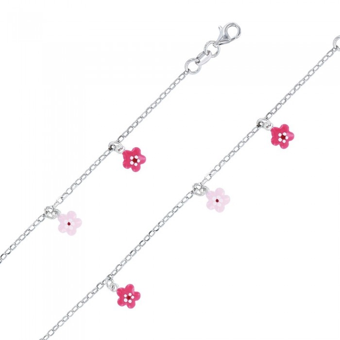 Bracciale in argento rodiato decorato con piccoli fiori fucsia e rosa