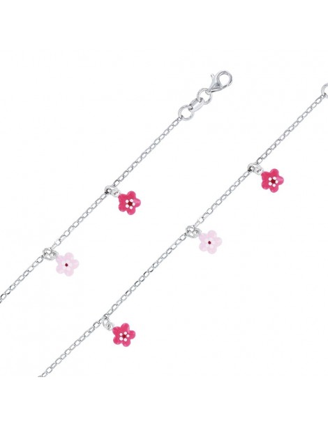 Bracelet en argent rhodié orné de petites fleurs fuchsia et rose