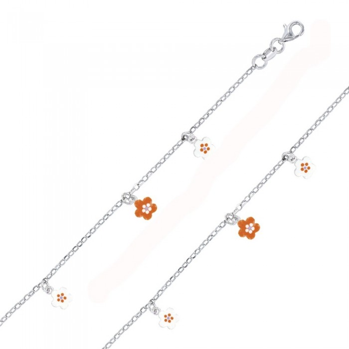 Rhodium Silber Armband mit kleinen weißen und orangen Blüten