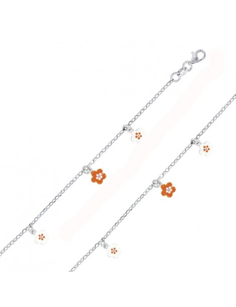 Bracelet en argent rhodié orné de petites fleurs blanche et orange