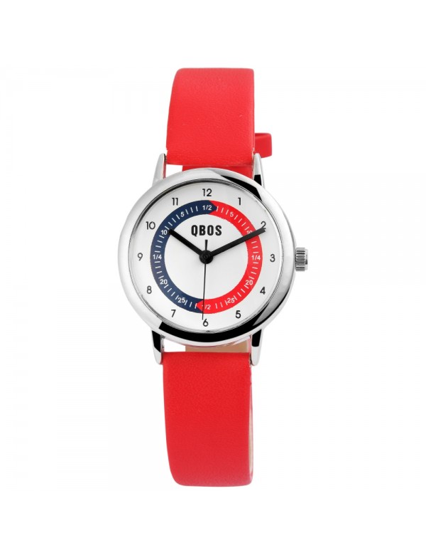 QBOS educational watch red leatherette strap