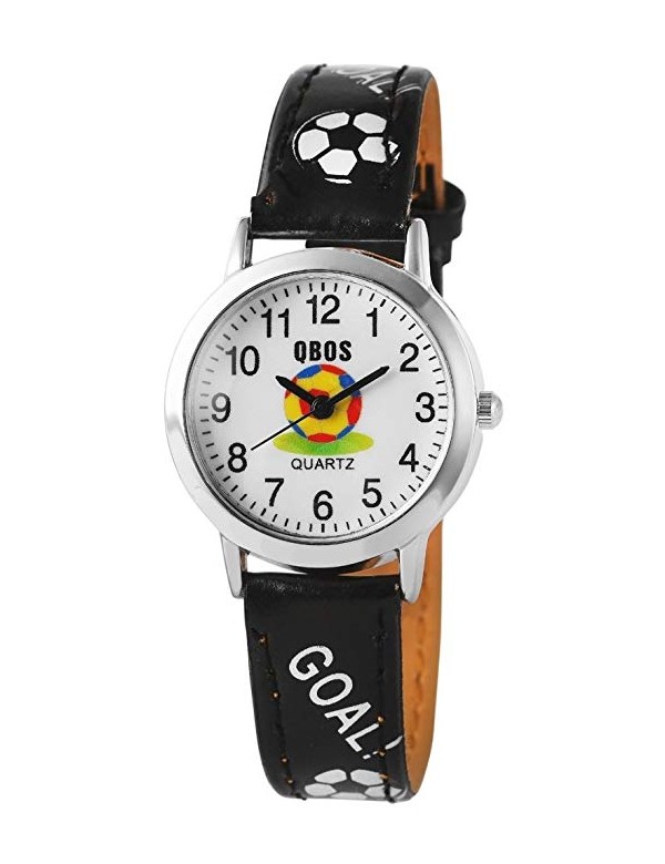 Reloj QBOS de fútbol con correa de cuero negro.