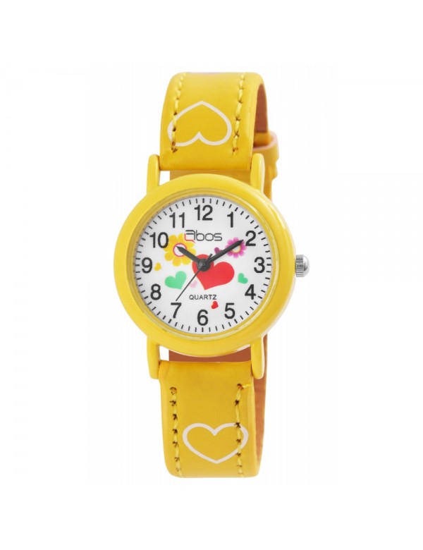 Uhr-Mädchen QBOS Armband mit Herzen in gelben Leder