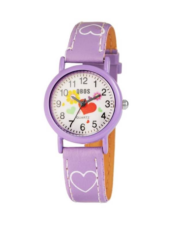 Reloj pulsera QBOS para niña con corazones en simil piel morada