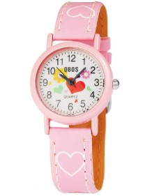 Pulsera de reloj QBOS para niña con corazones de piel sintética rosa