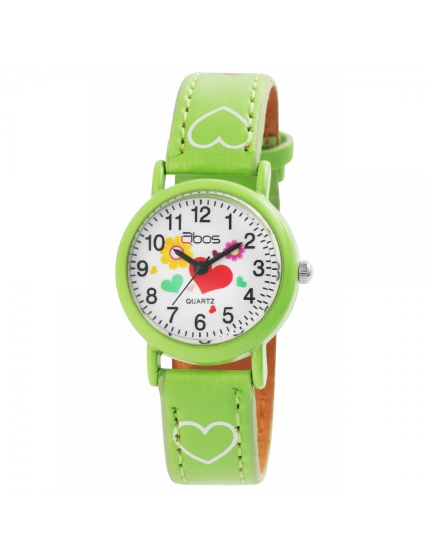 Zegarek dziewczęcy marki QBOS, bransoletka z sercami z zielonej imitacji skóry